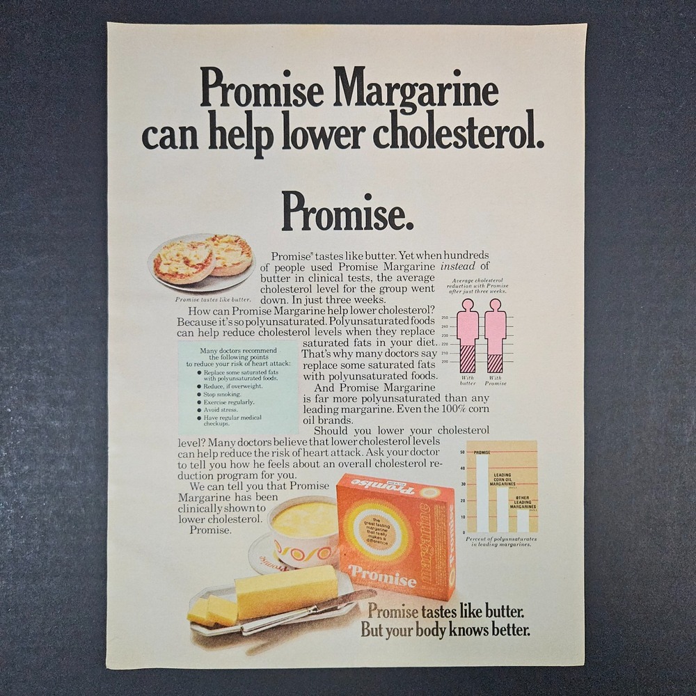 1974‎ Promise Margarine Helps Lower Cholesterol Vintage Print Ad Butter Taste